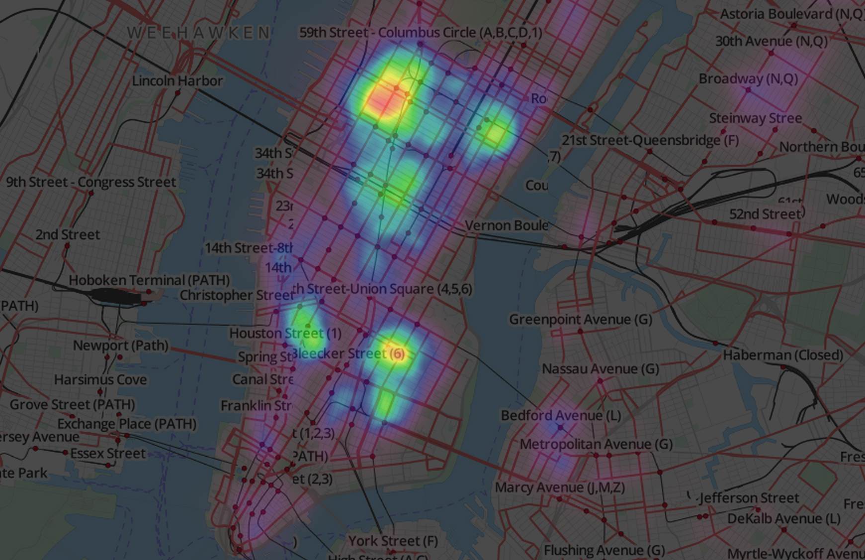 Heatmap — the hot zones of NYC drinkiness light up
