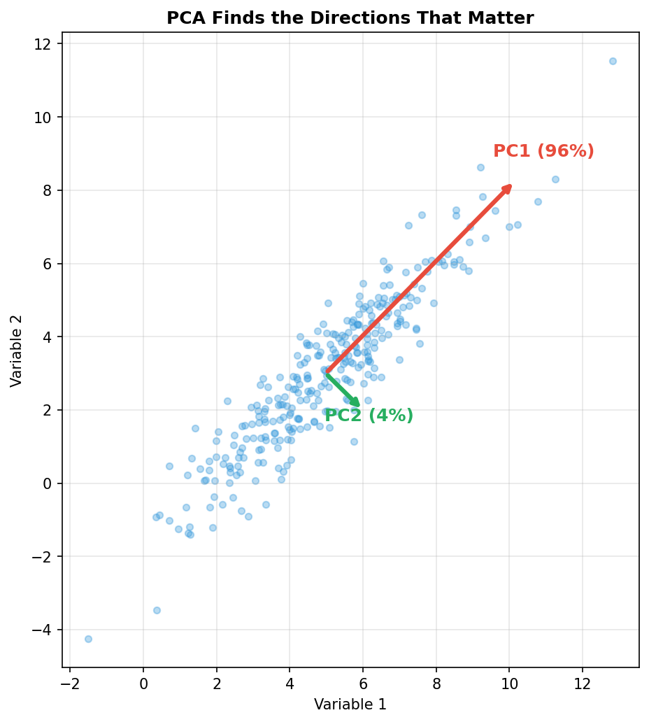PCA finds the directions that matter — PC1 captures 96% of the variance along the diagonal, PC2 captures the remaining 4% perpendicular to it